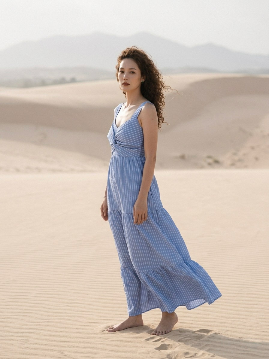 Đầm maxi cotton sọc xanh thời trang Hity