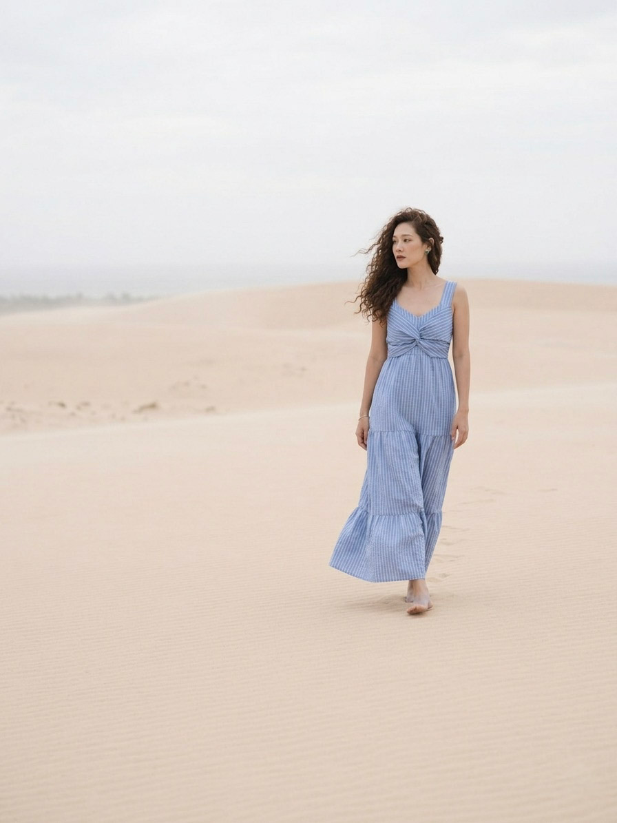 Đầm maxi cotton sọc xanh thời trang Hity