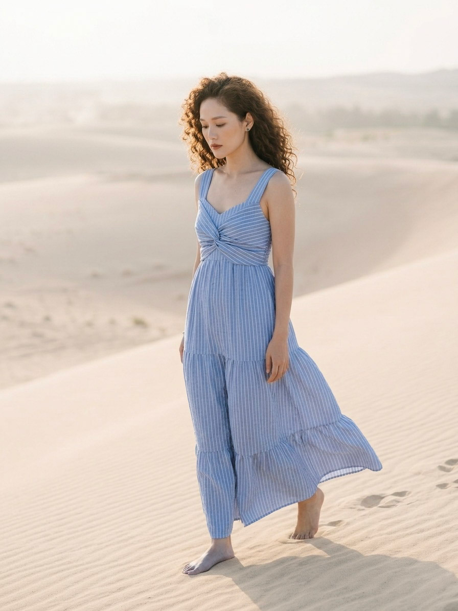 Đầm maxi cotton sọc xanh thời trang Hity