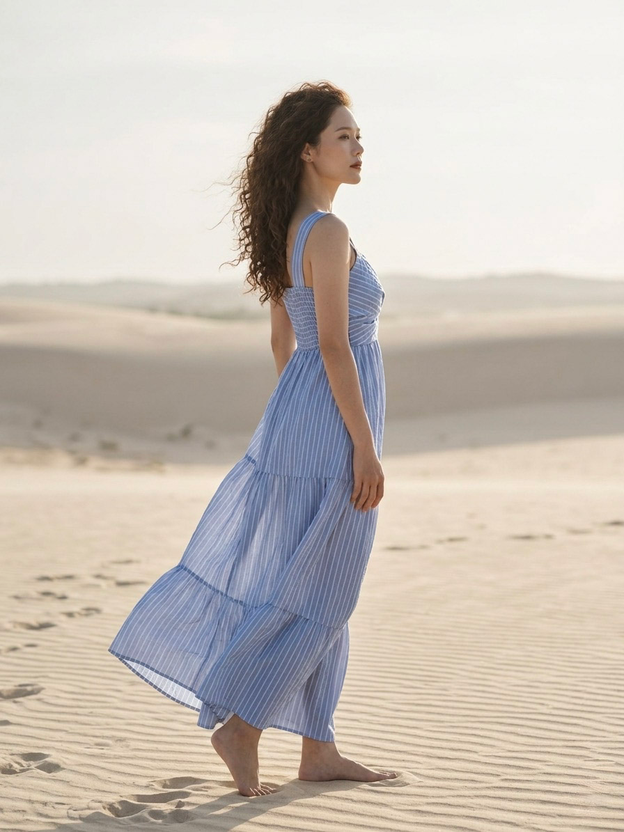 Đầm maxi cotton sọc xanh thời trang Hity
