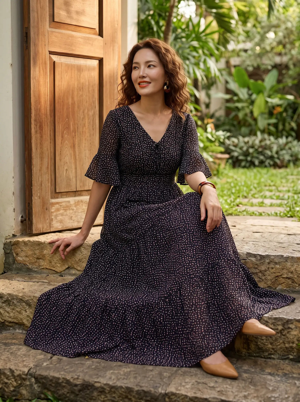 Đầm maxi cotton đen chấm bi thời trang Hity
