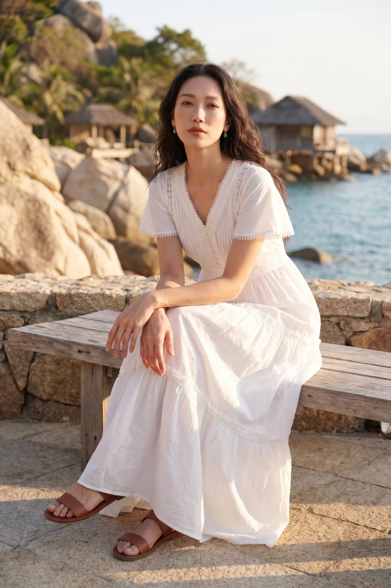 Đầm maxi đi biển cotton trắng thời trang Hity