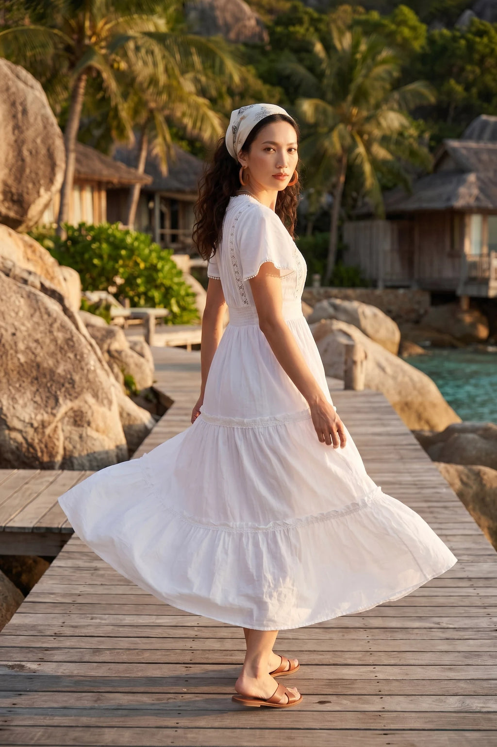 Đầm maxi đi biển cotton trắng thời trang Hity