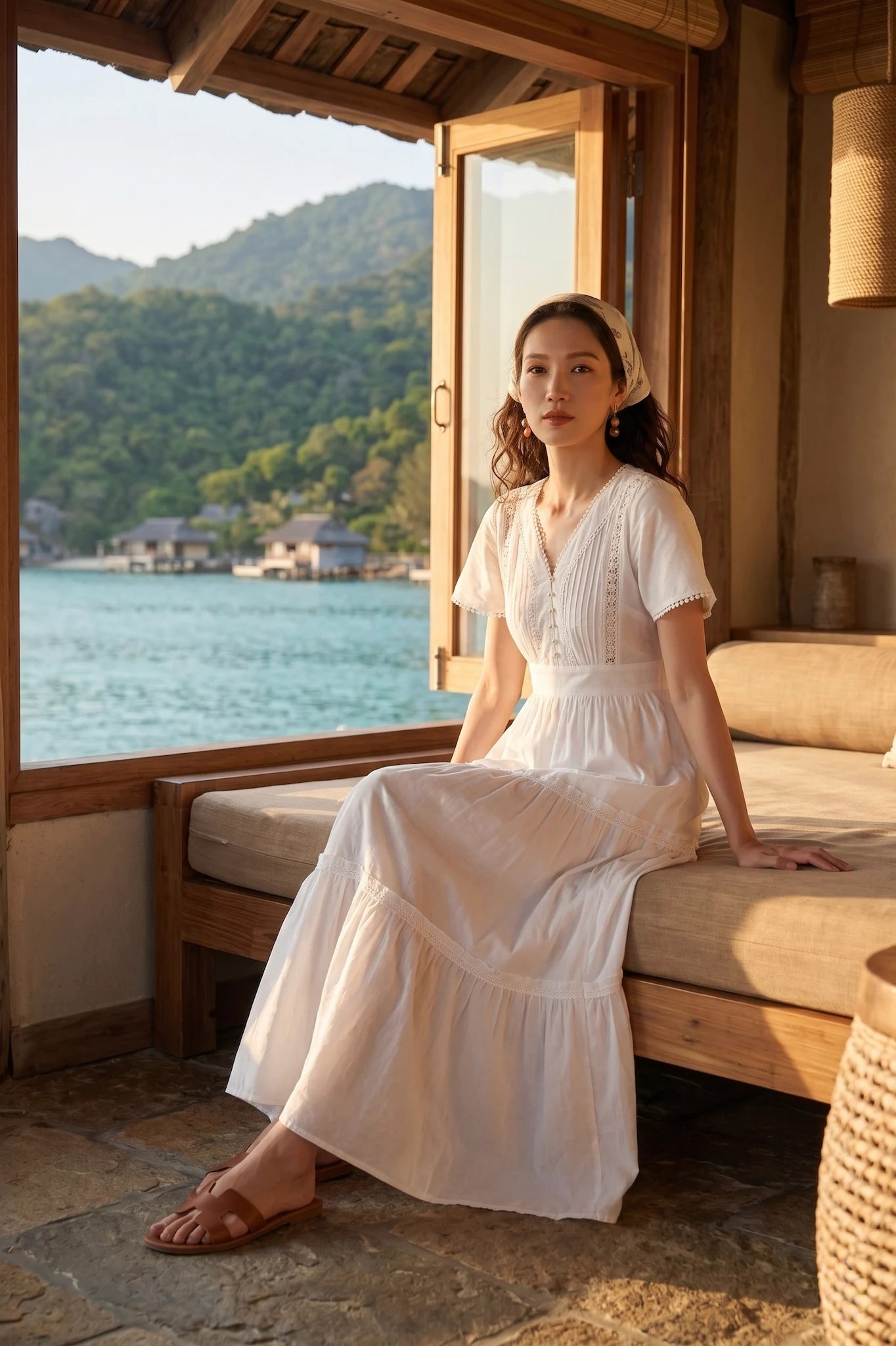 Đầm maxi đi biển cotton trắng thời trang Hity
