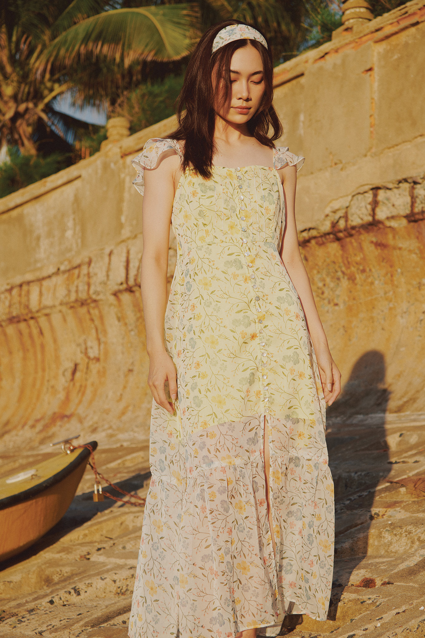 Đầm maxi 2 dây hoa nhí vàng thời trang Hity