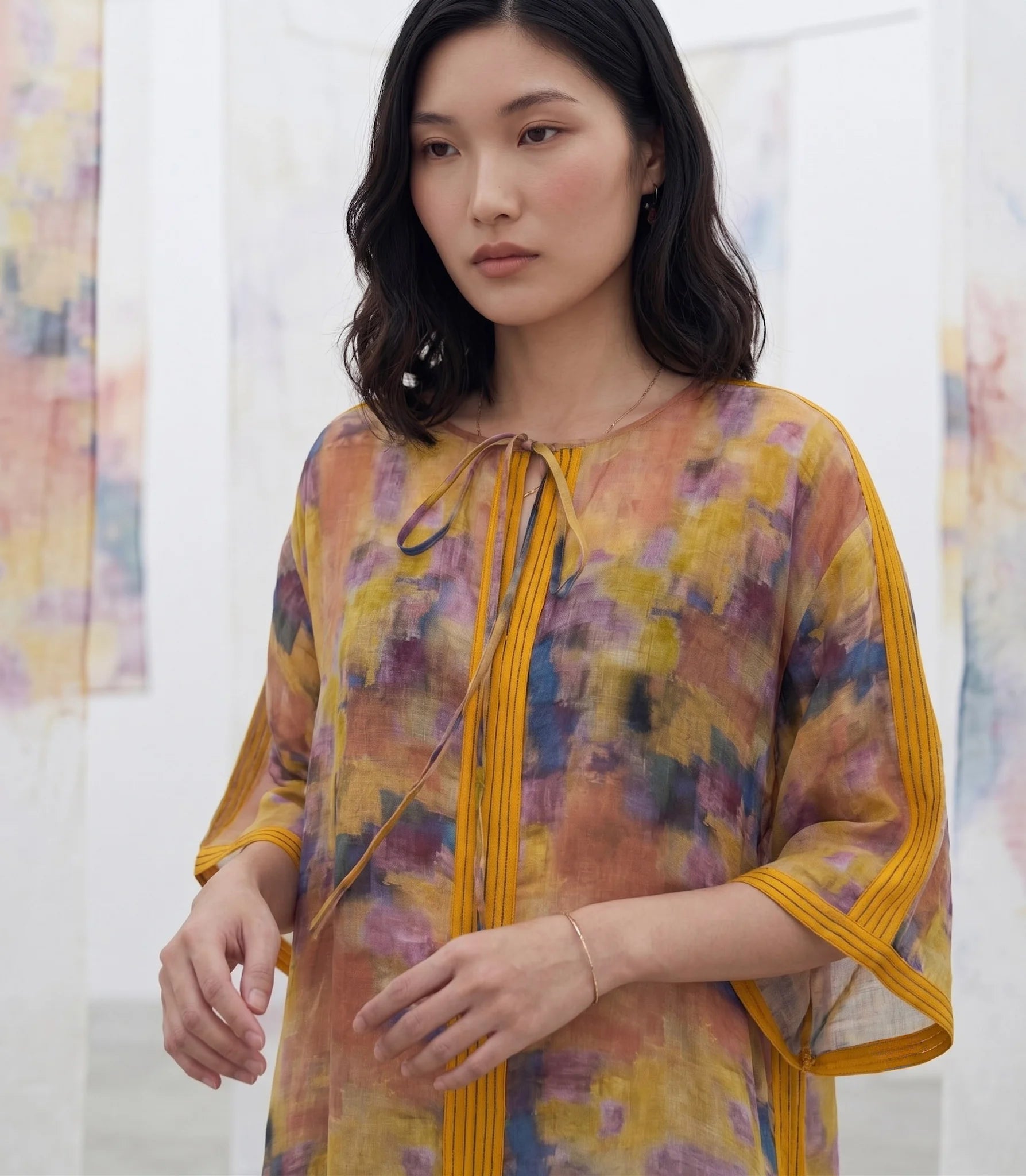 Đầm maxi kaftan vai gai xanh ramie thời trang Hity
