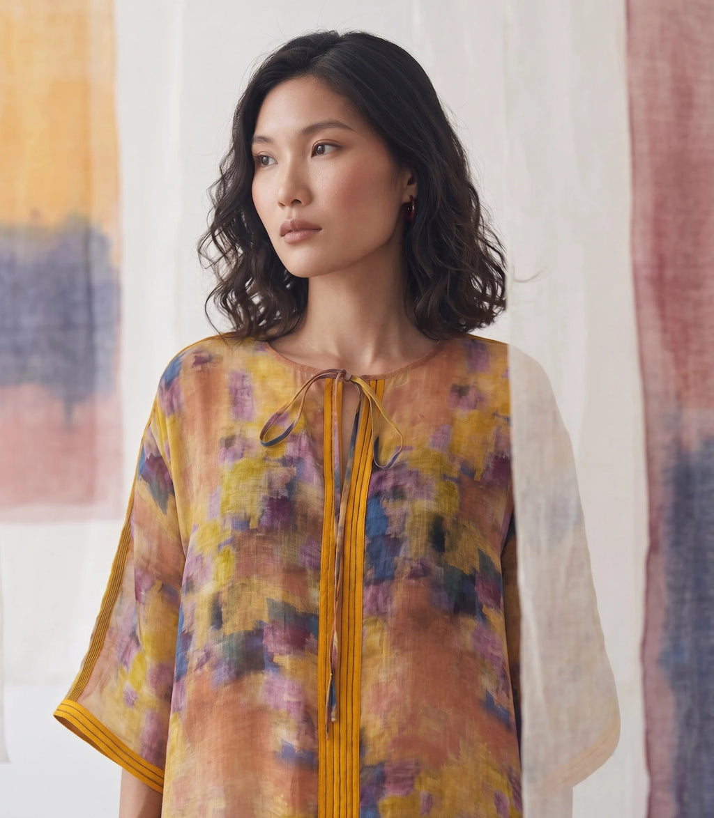 Đầm maxi kaftan vai gai xanh ramie thời trang Hity