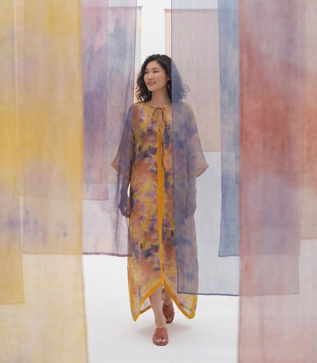 Đầm maxi kaftan vai gai xanh ramie thời trang Hity
