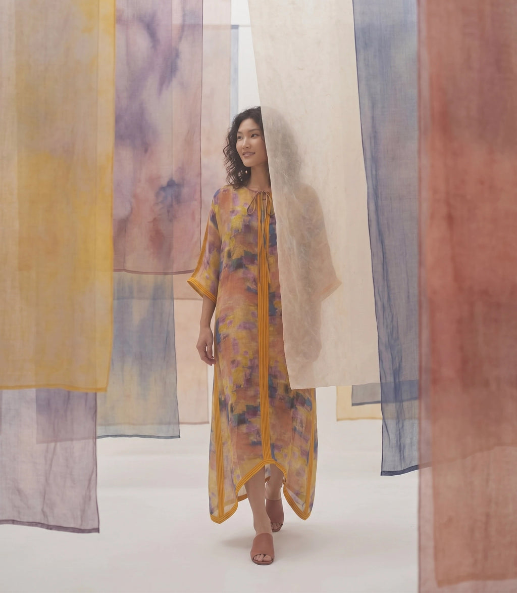 Đầm maxi kaftan vai gai xanh ramie thời trang Hity
