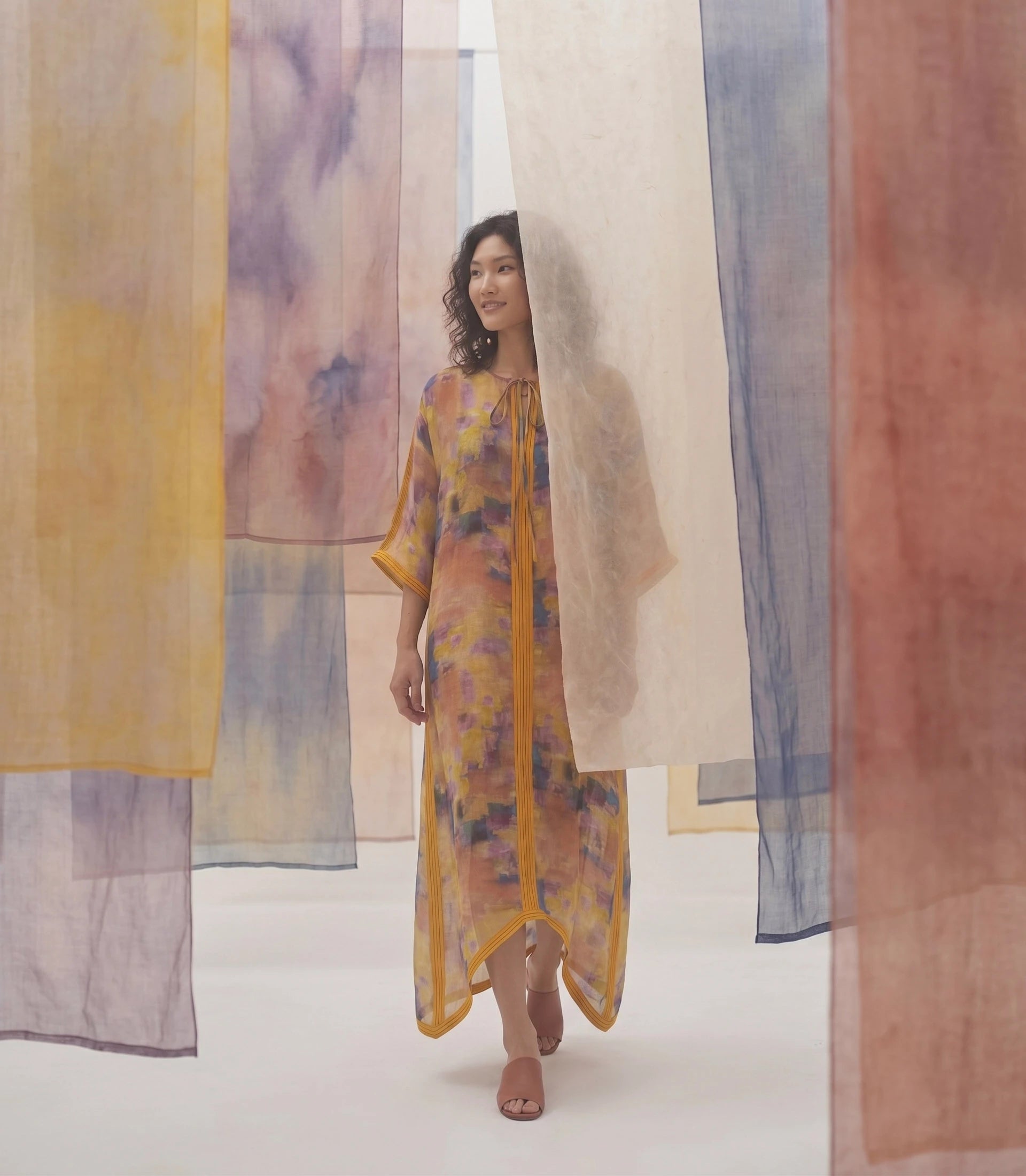 Đầm maxi kaftan vai gai xanh ramie thời trang Hity