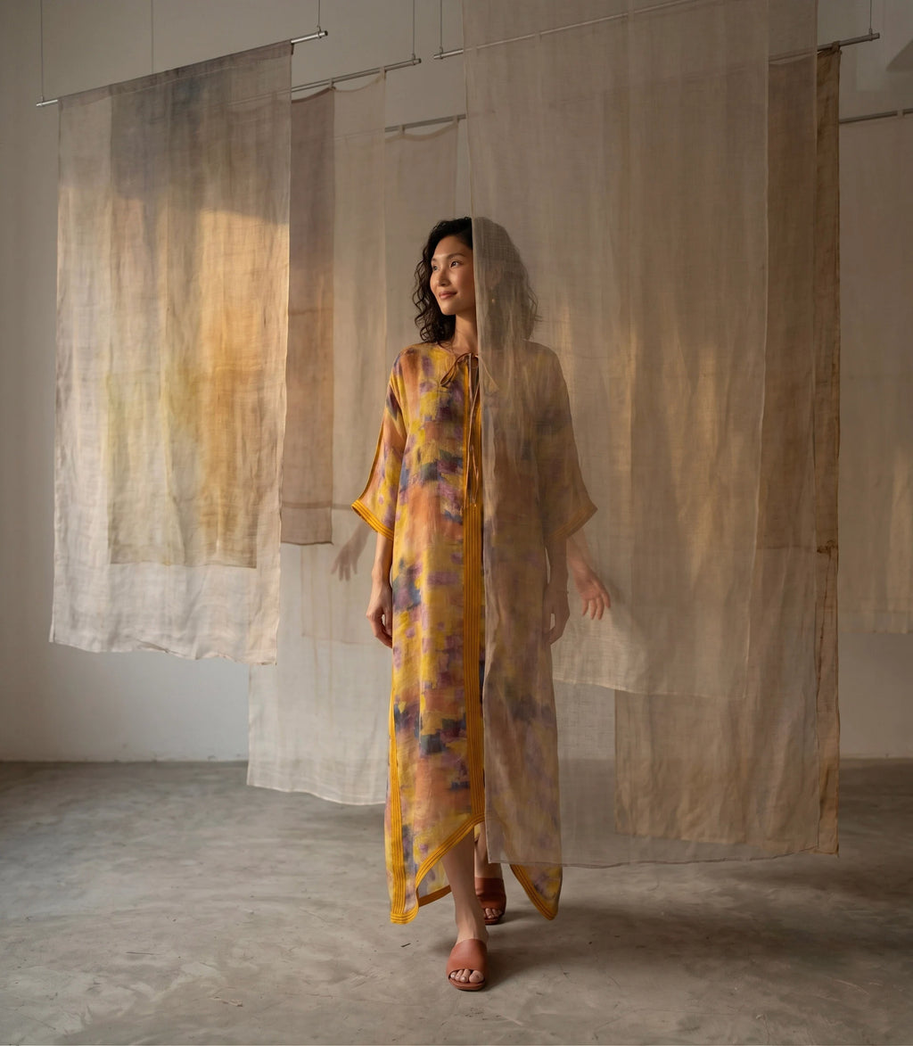 Đầm maxi kaftan vai gai xanh ramie thời trang Hity