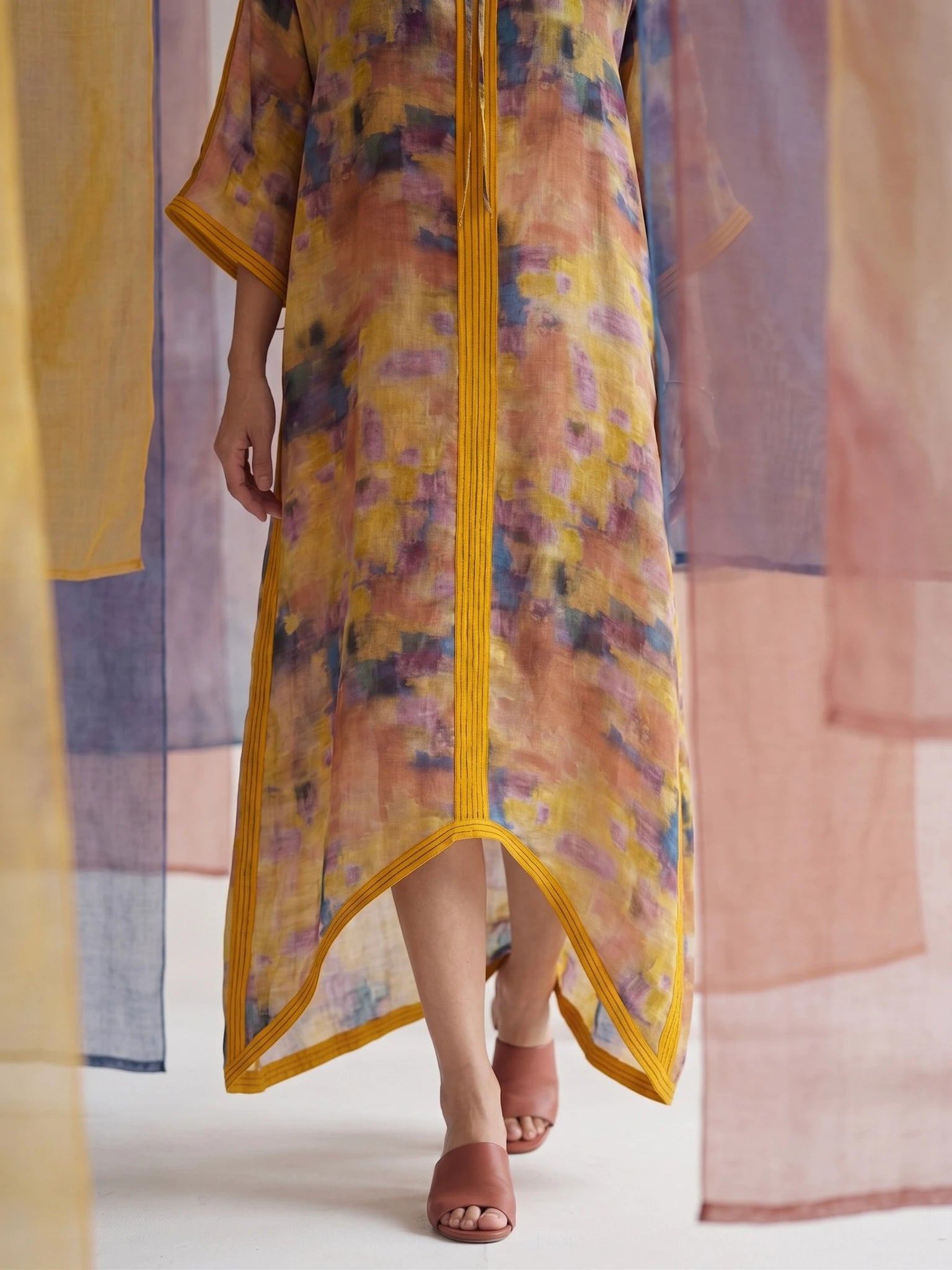 Đầm maxi kaftan vai gai xanh ramie thời trang Hity