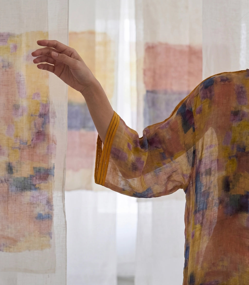 Đầm maxi kaftan vai gai xanh ramie thời trang Hity