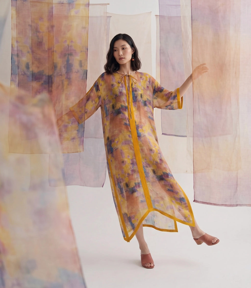 Đầm maxi kaftan vai gai xanh ramie thời trang Hity