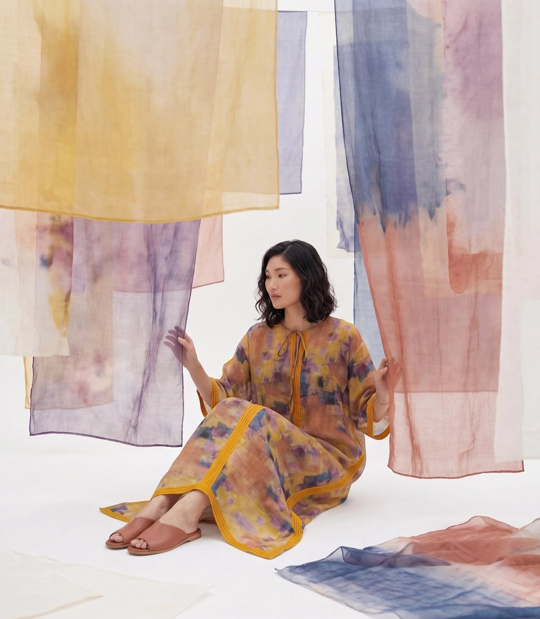 Đầm maxi kaftan vai gai xanh ramie thời trang Hity