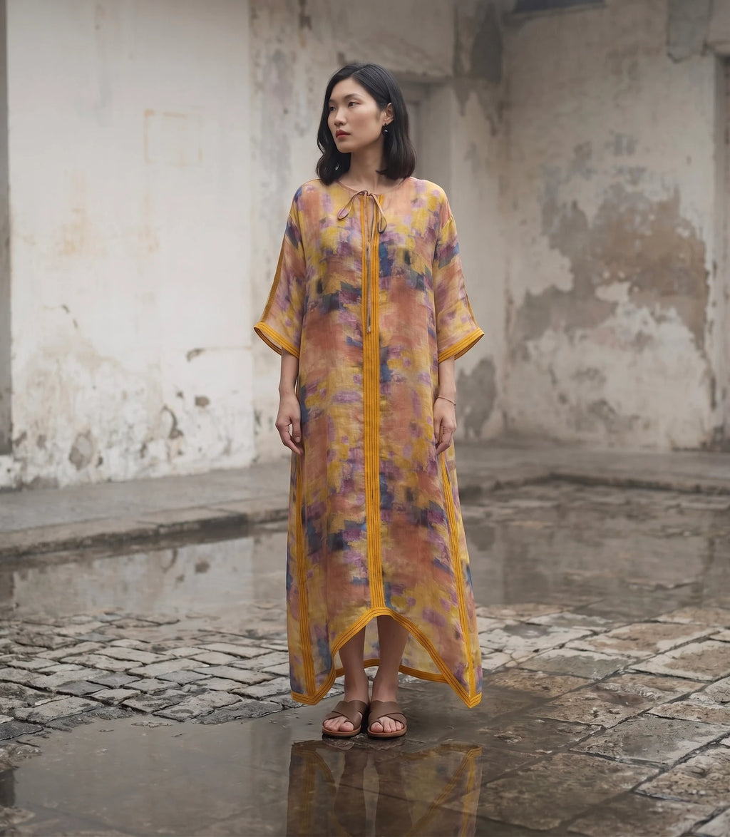 Đầm maxi kaftan vai gai xanh ramie thời trang Hity
