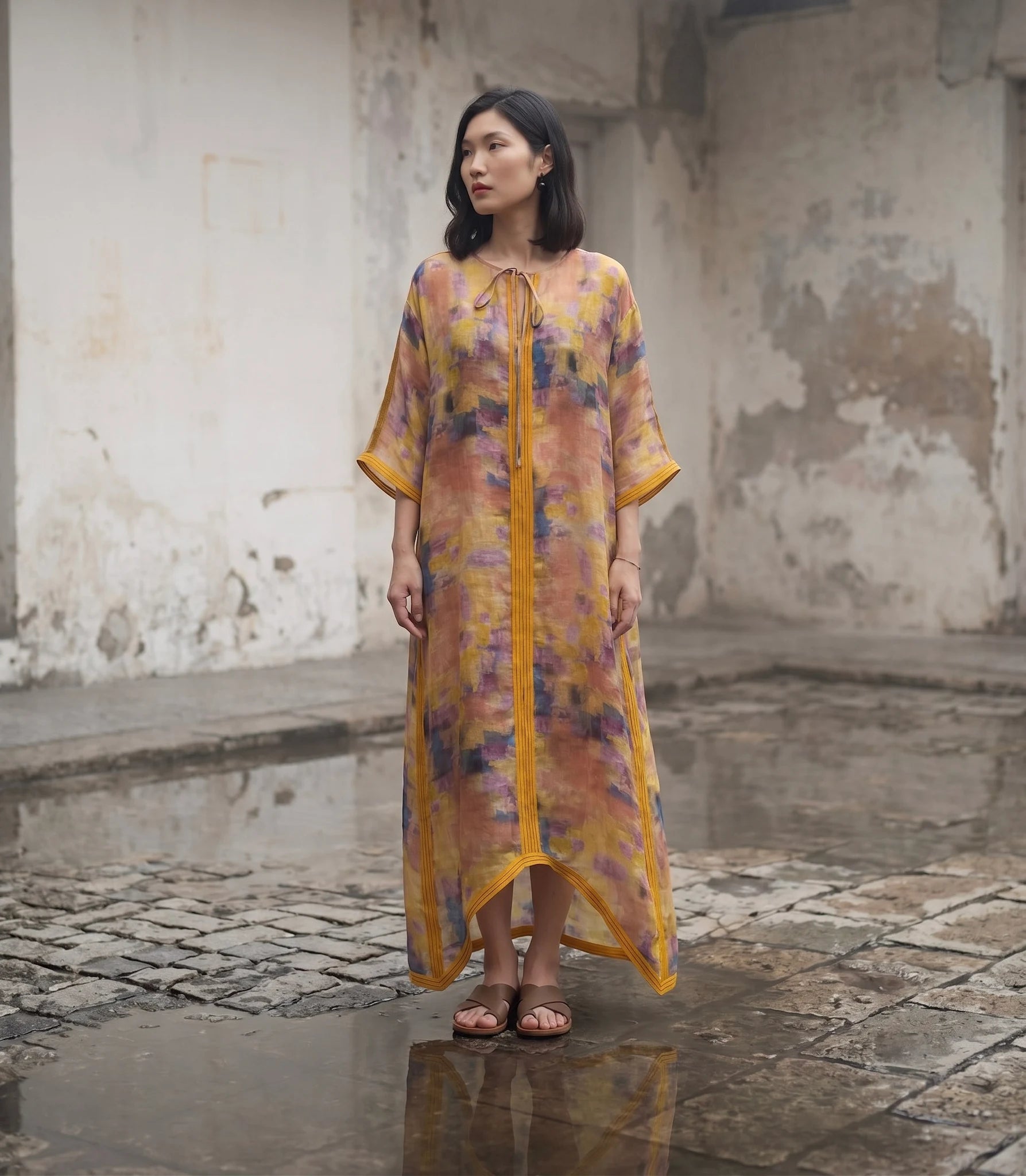 Đầm maxi kaftan vai gai xanh ramie thời trang Hity