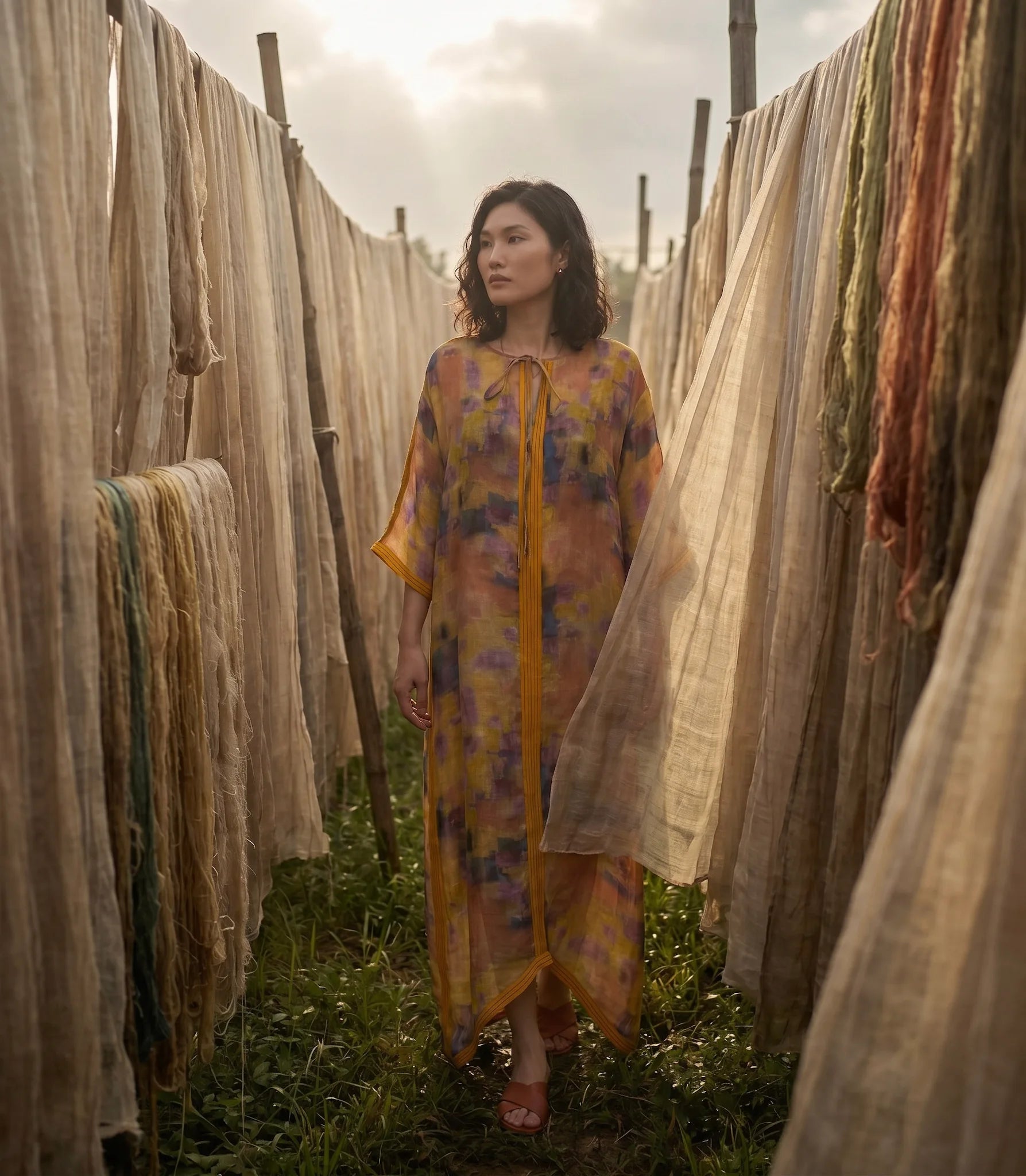 Đầm maxi kaftan vai gai xanh ramie thời trang Hity