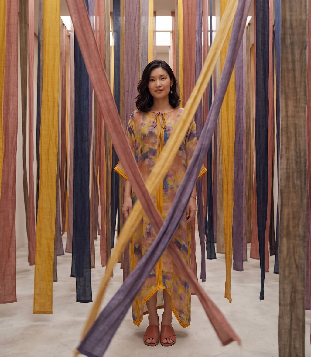 Đầm maxi kaftan vai gai xanh ramie thời trang Hity