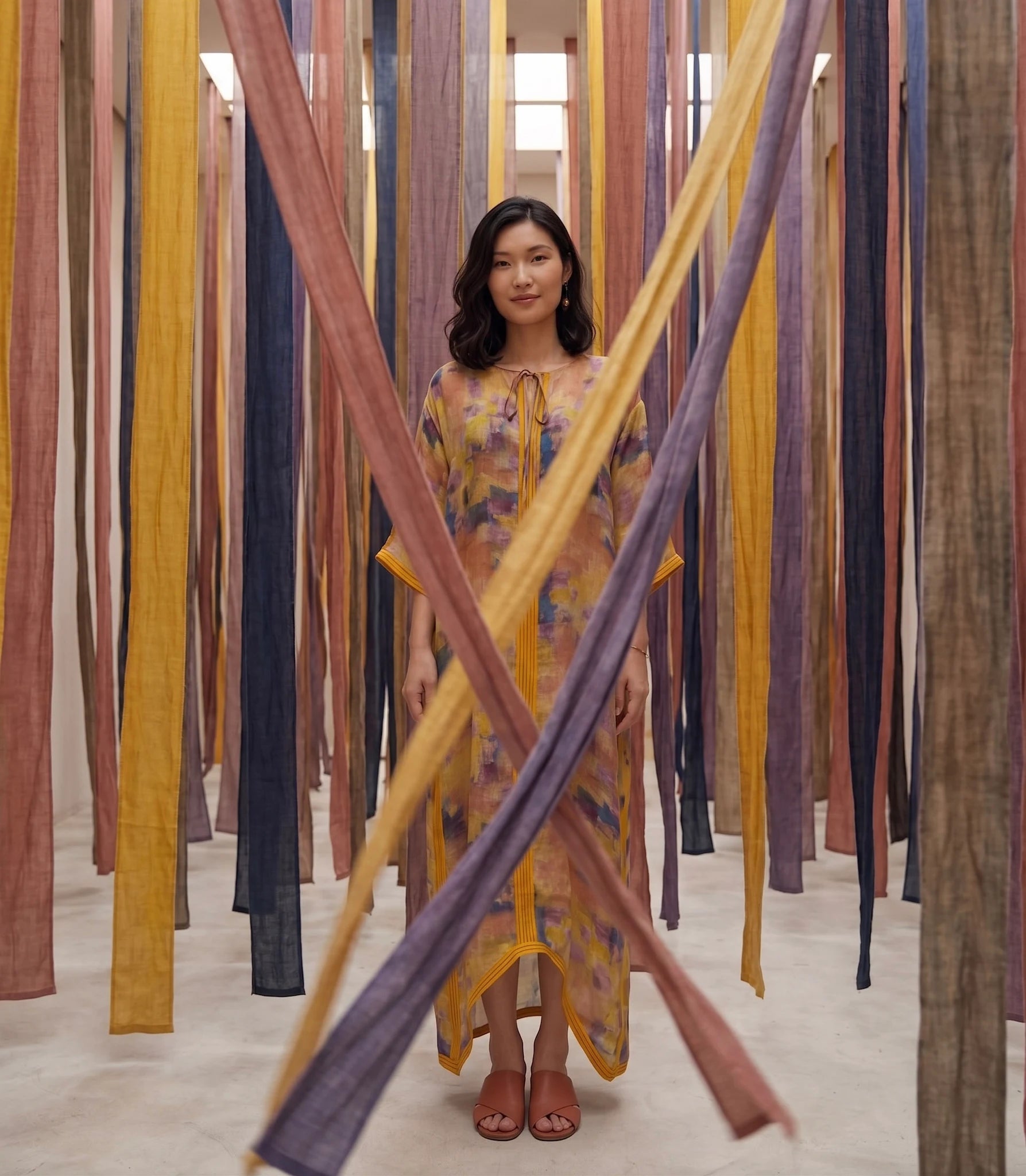 Đầm maxi kaftan vai gai xanh ramie thời trang Hity