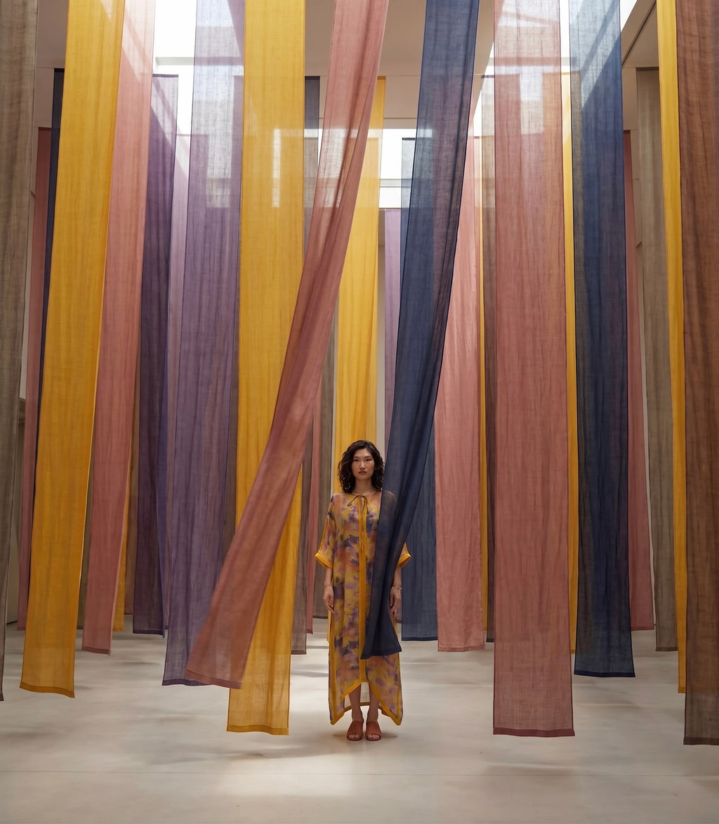 Đầm maxi kaftan vai gai xanh ramie thời trang Hity