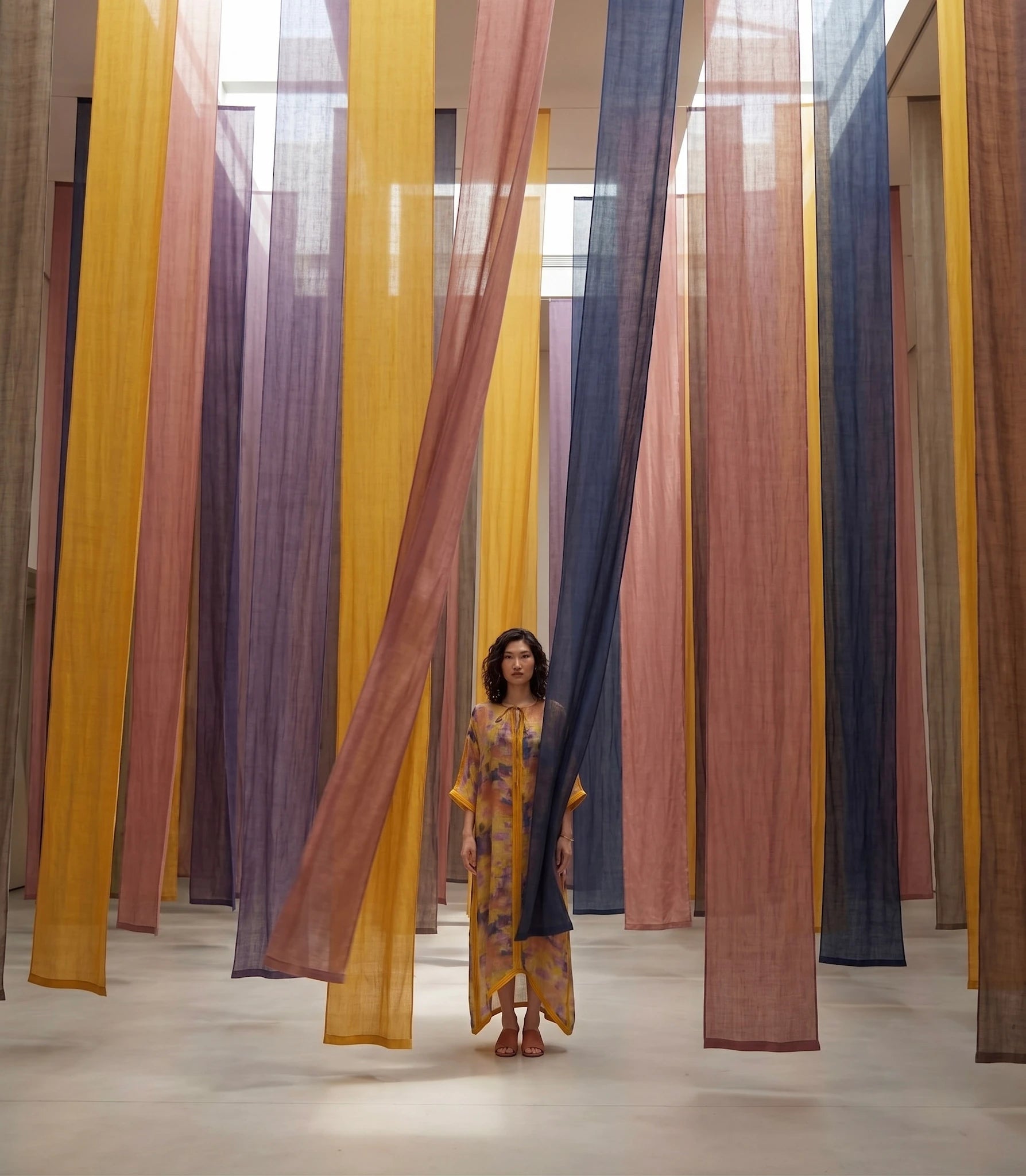 Đầm maxi kaftan vai gai xanh ramie thời trang Hity