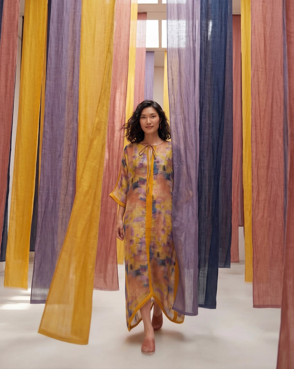 Đầm maxi kaftan vai gai xanh ramie thời trang Hity