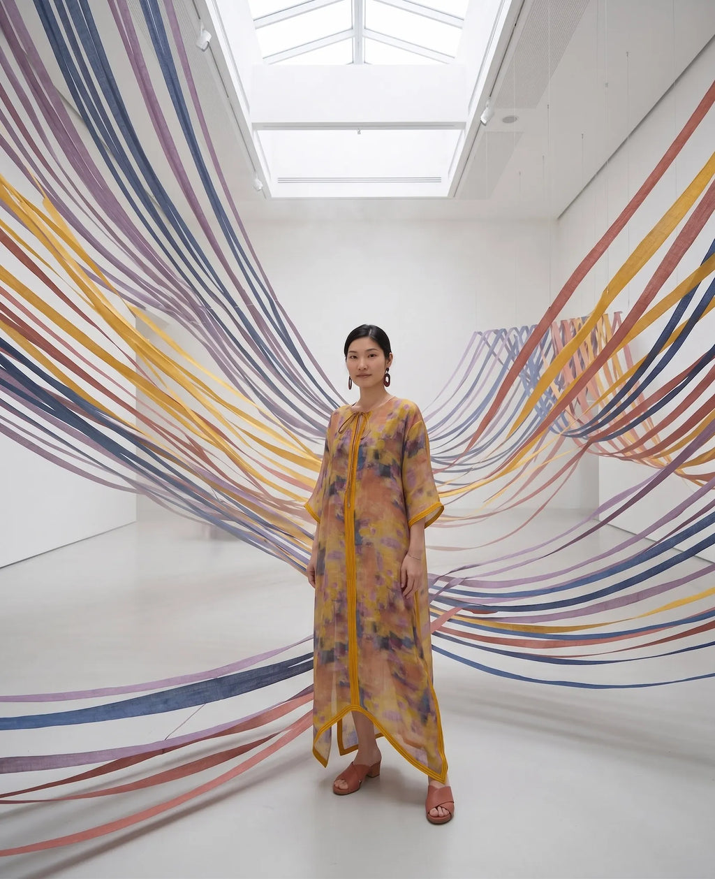 Đầm maxi kaftan vai gai xanh ramie thời trang Hity