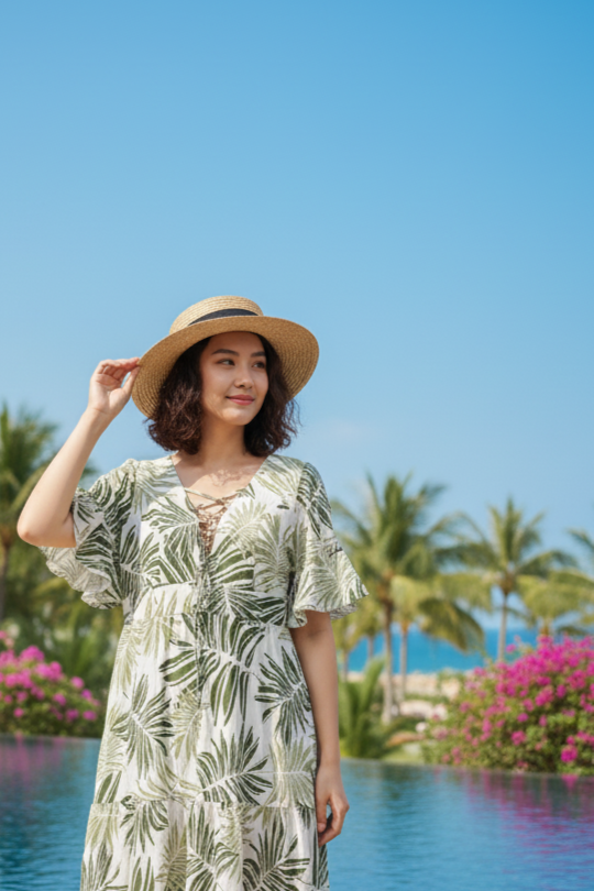 Đầm maxi linen lá cọ thời trang Hity