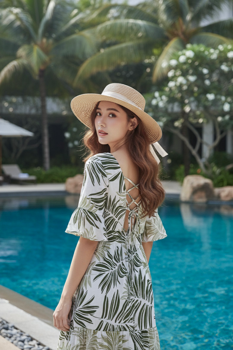 Đầm maxi linen lá cọ thời trang Hity