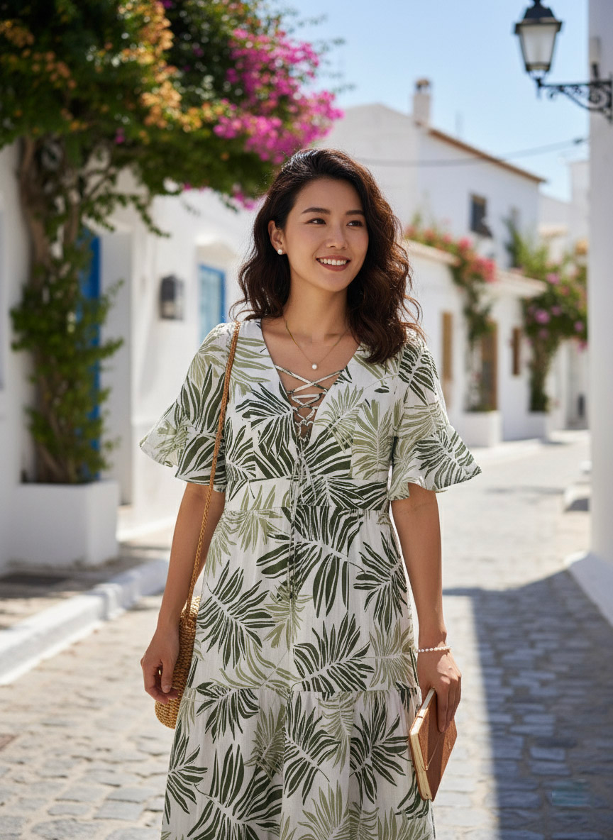 Đầm maxi linen lá cọ thời trang Hity