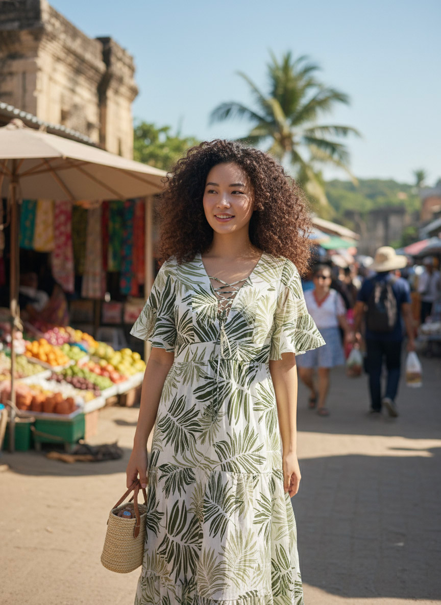 Đầm maxi linen lá cọ thời trang Hity