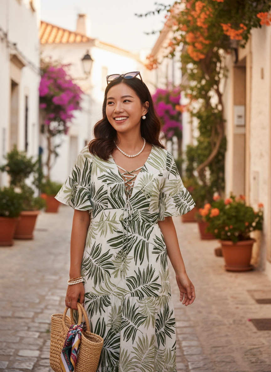 Đầm maxi linen lá cọ thời trang Hity