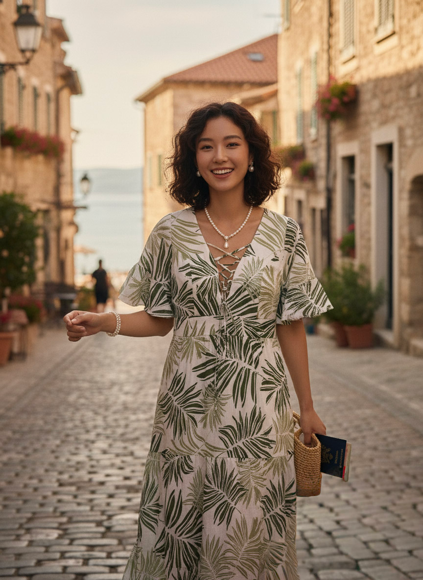 Đầm maxi linen lá cọ thời trang Hity