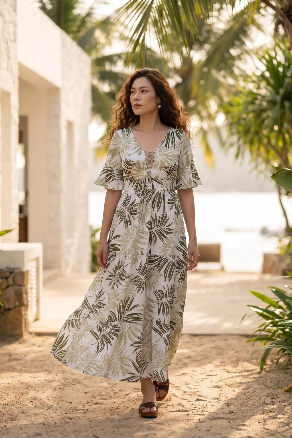 Đầm maxi hở lưng linen xanh lá cọ thời trang Hity