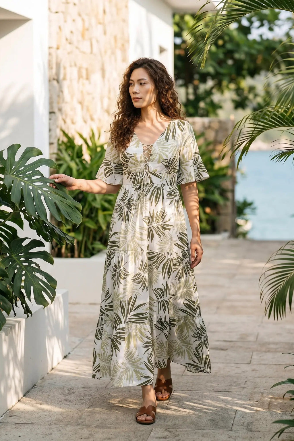 Đầm maxi hở lưng linen xanh lá cọ thời trang Hity