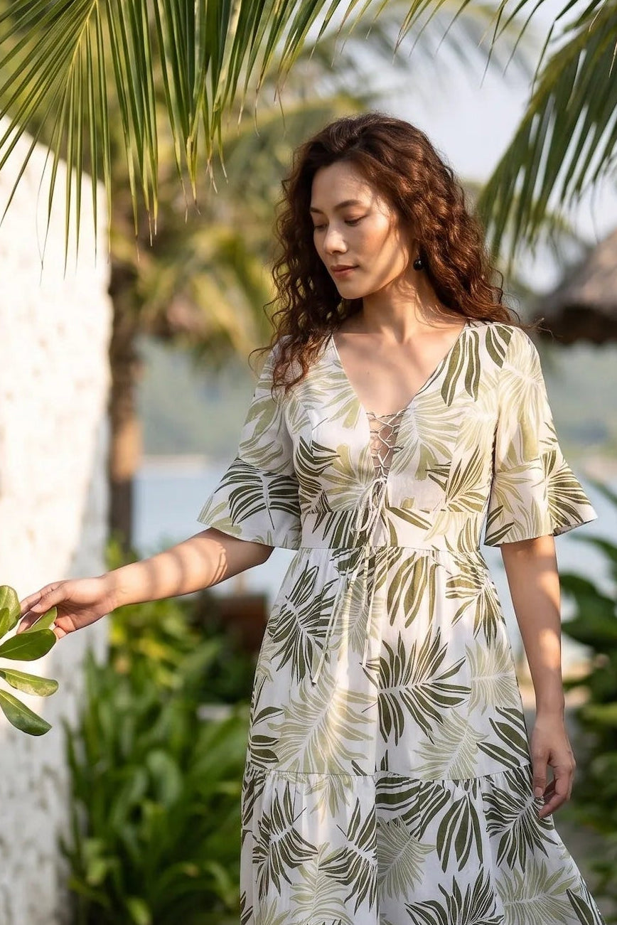 Đầm maxi hở lưng linen xanh lá cọ thời trang Hity