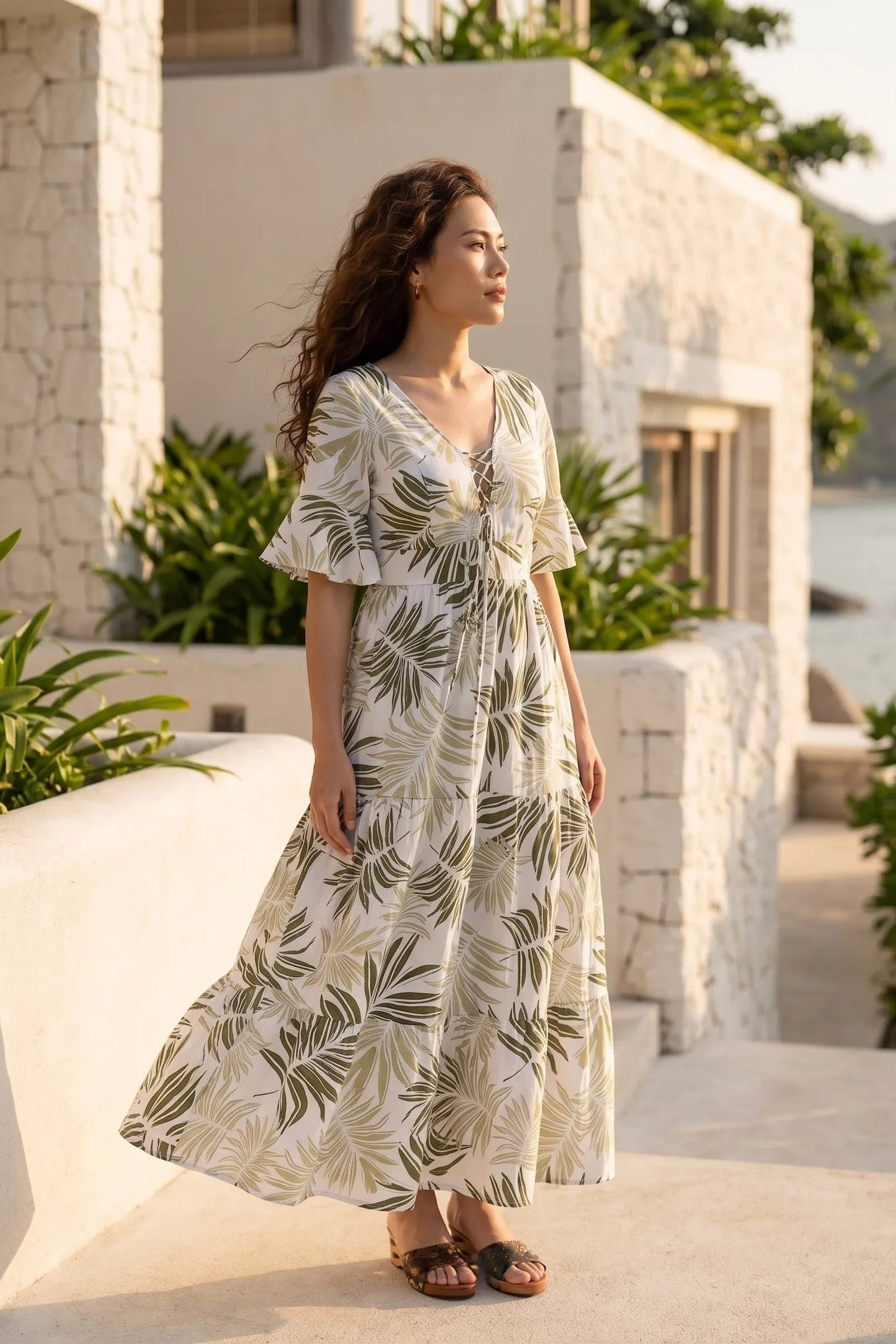 Đầm maxi hở lưng linen xanh lá cọ thời trang Hity