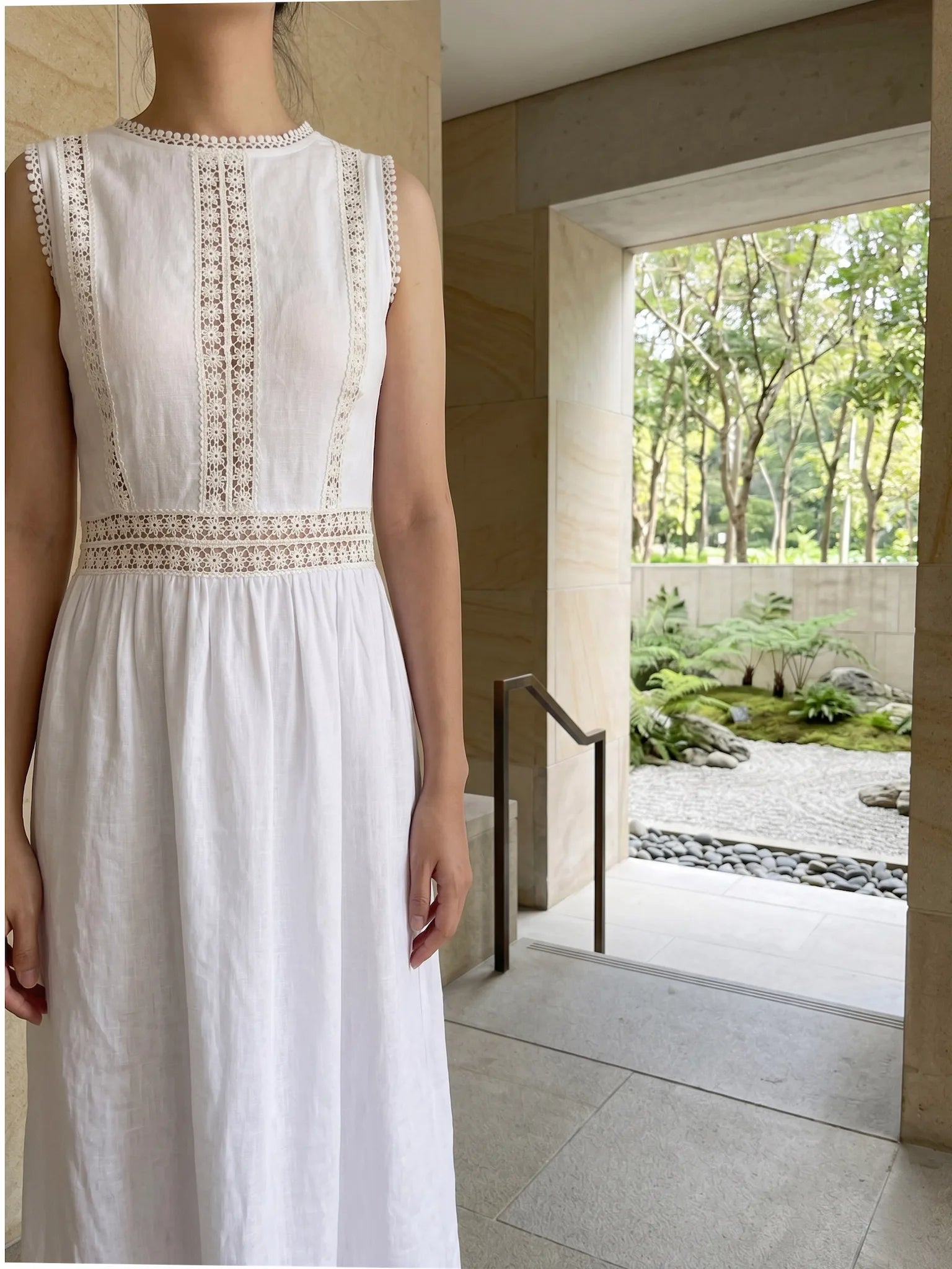 Đầm maxi linen lanh trắng phối ren thời trang Hity