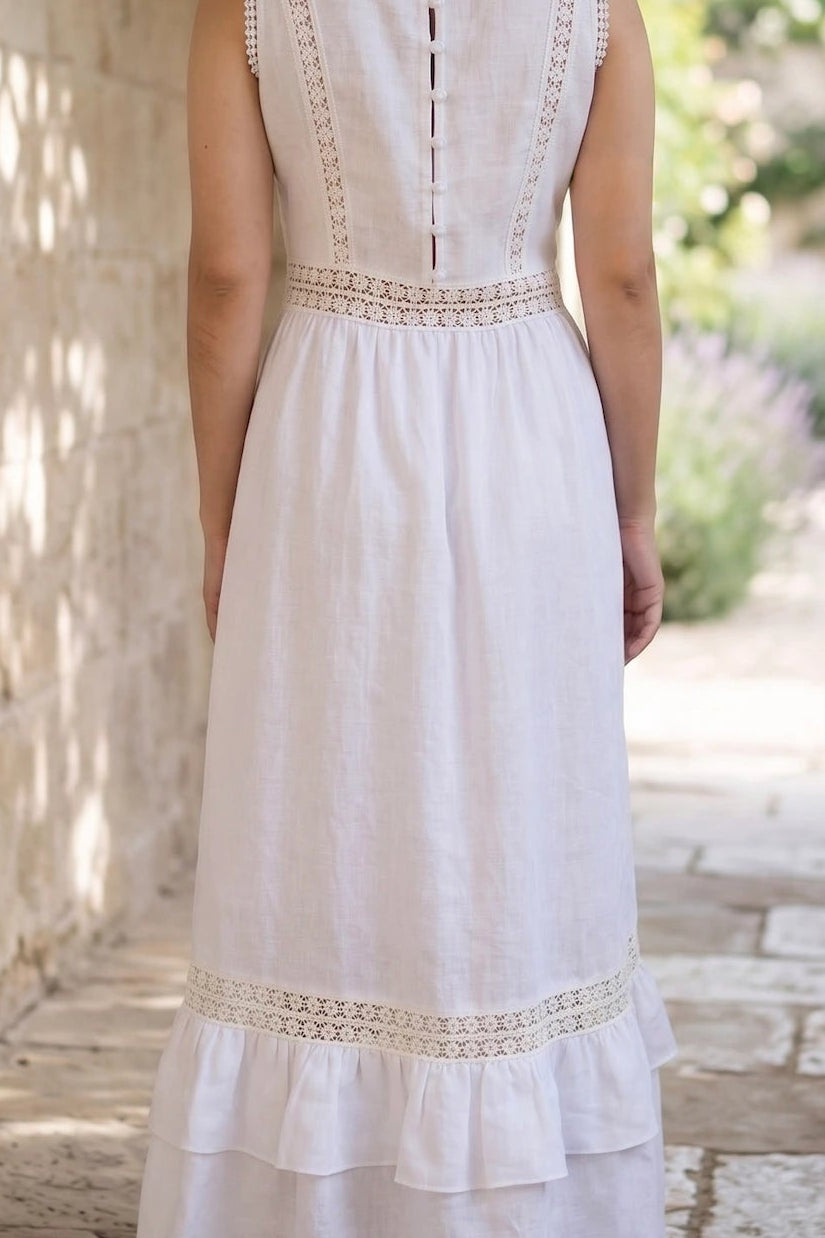 Đầm maxi linen lanh trắng phối ren thời trang Hity