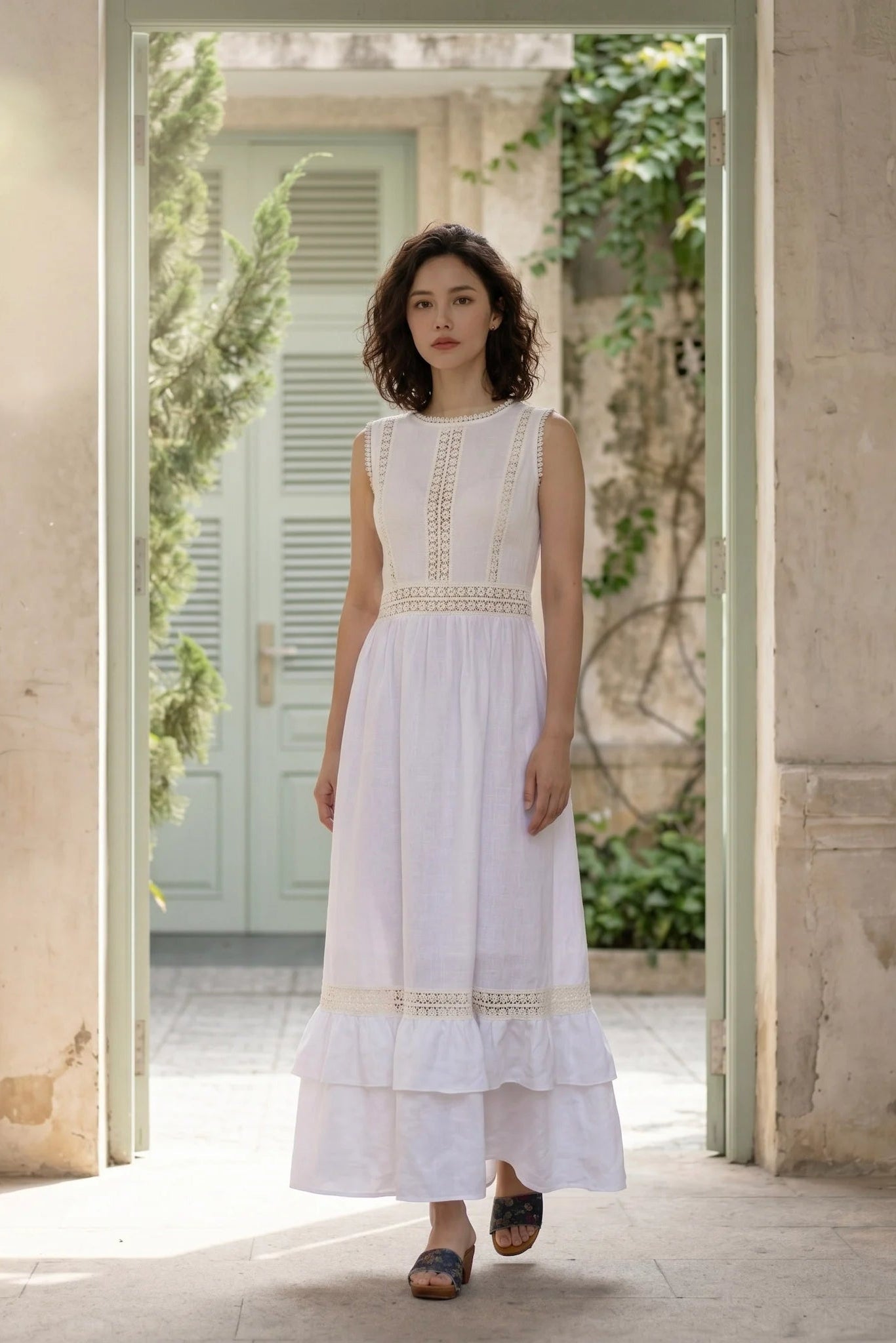 Đầm maxi linen lanh trắng phối ren thời trang Hity