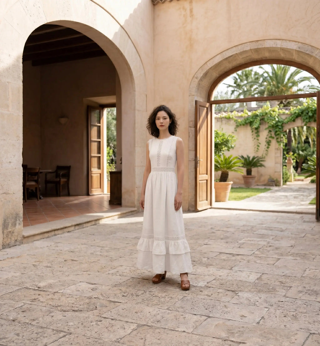 Đầm maxi linen lanh trắng phối ren thời trang Hity