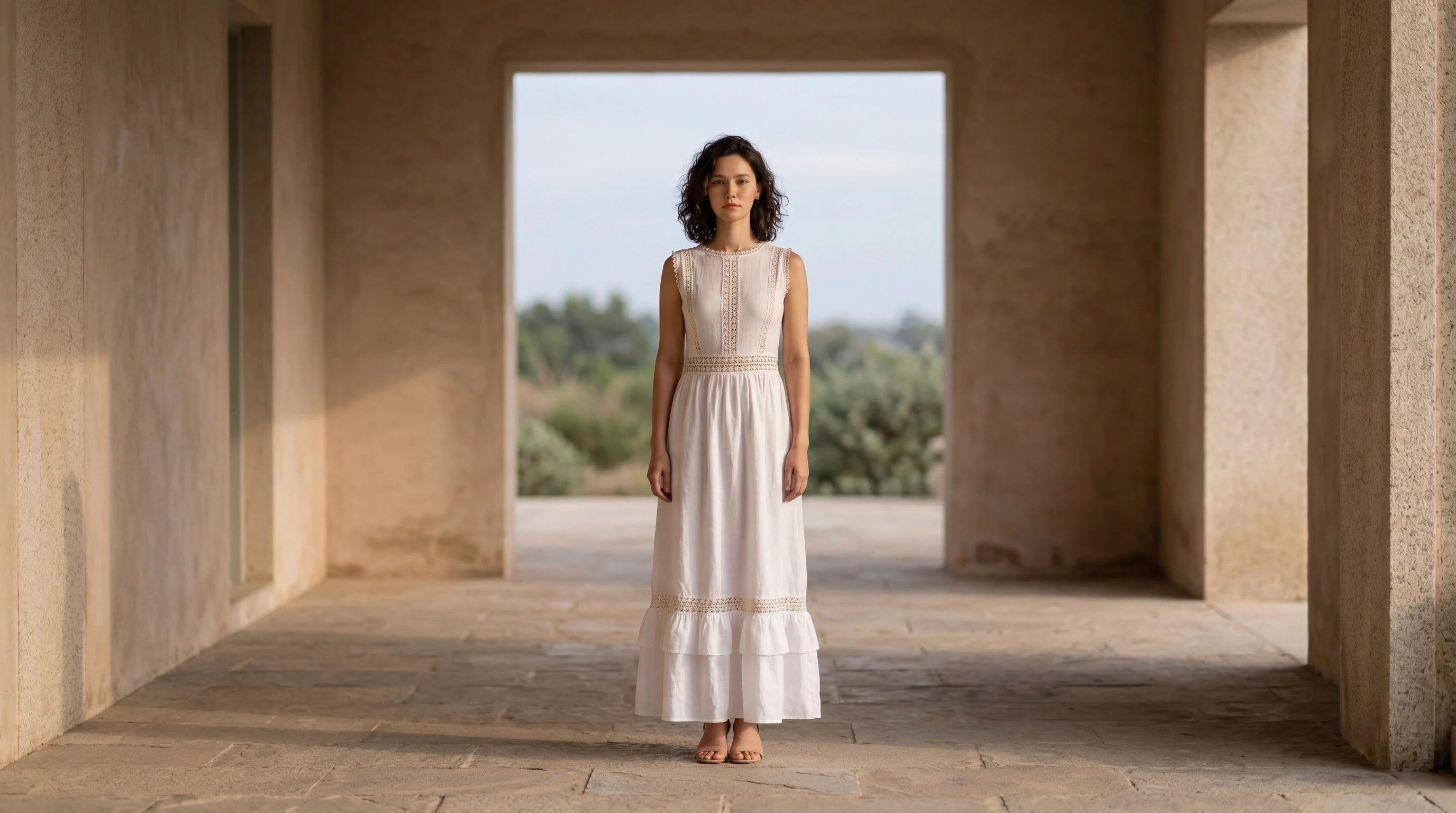 Đầm maxi linen lanh trắng phối ren thời trang Hity