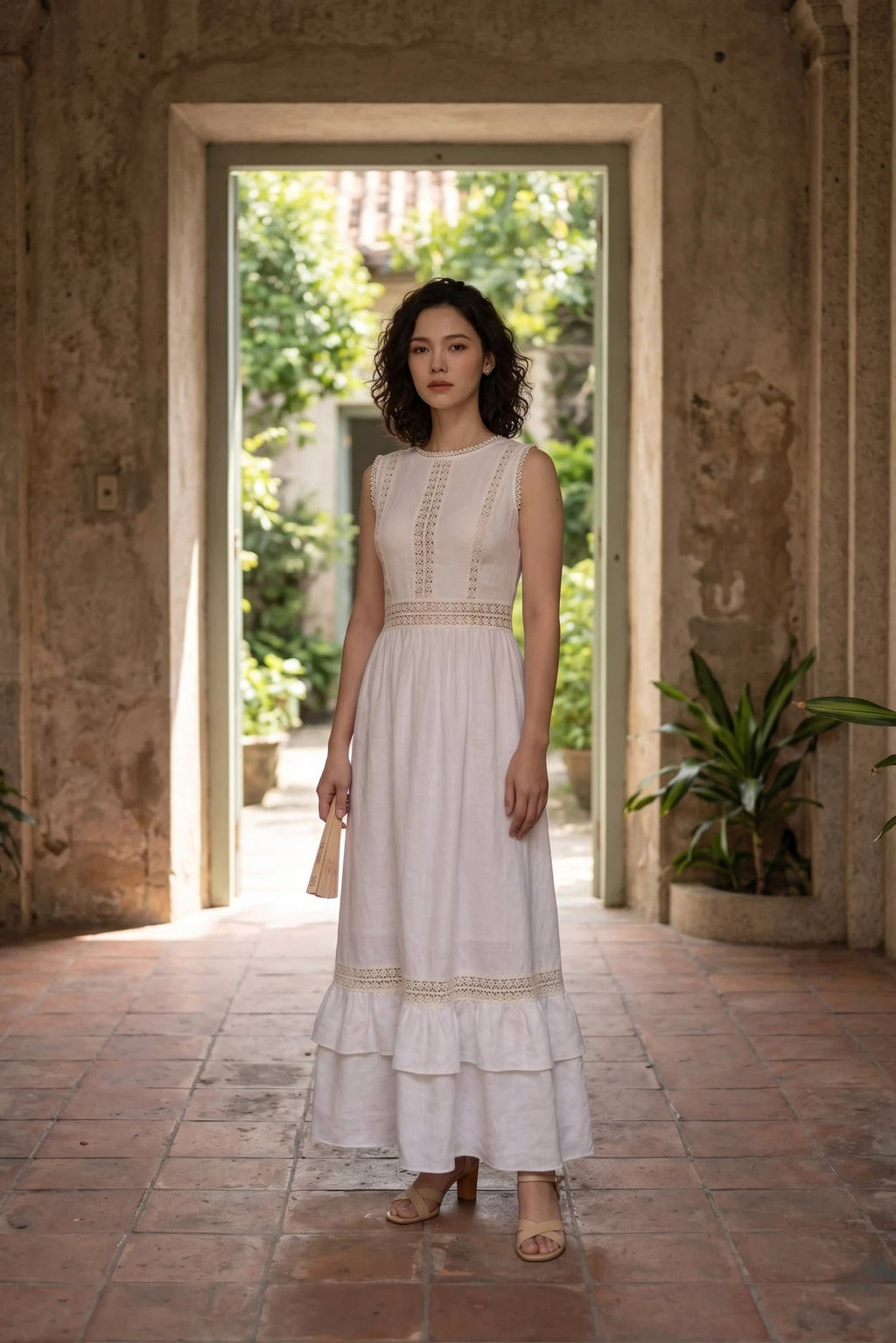 Đầm maxi linen lanh trắng phối ren thời trang Hity