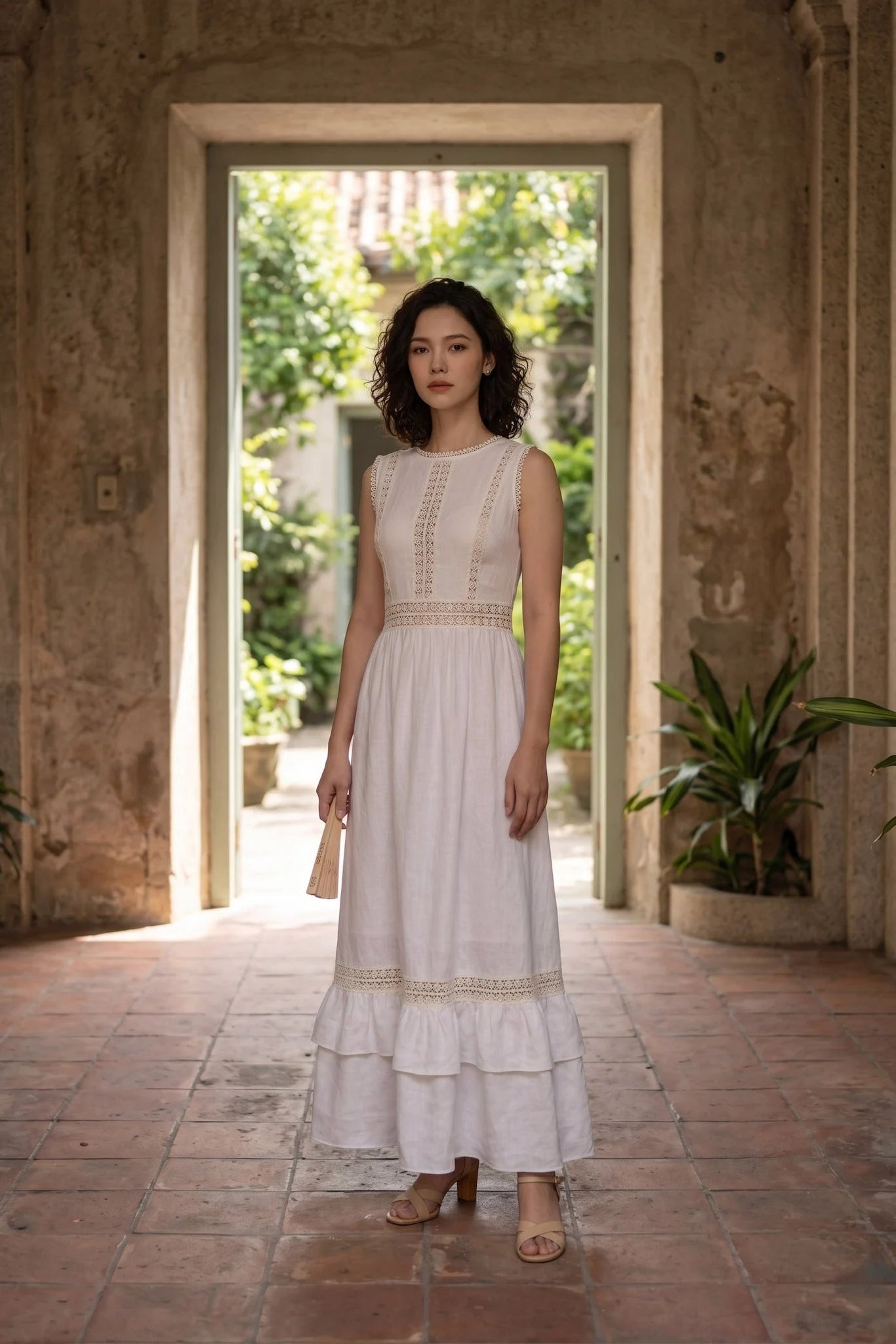Đầm maxi linen lanh trắng phối ren thời trang Hity