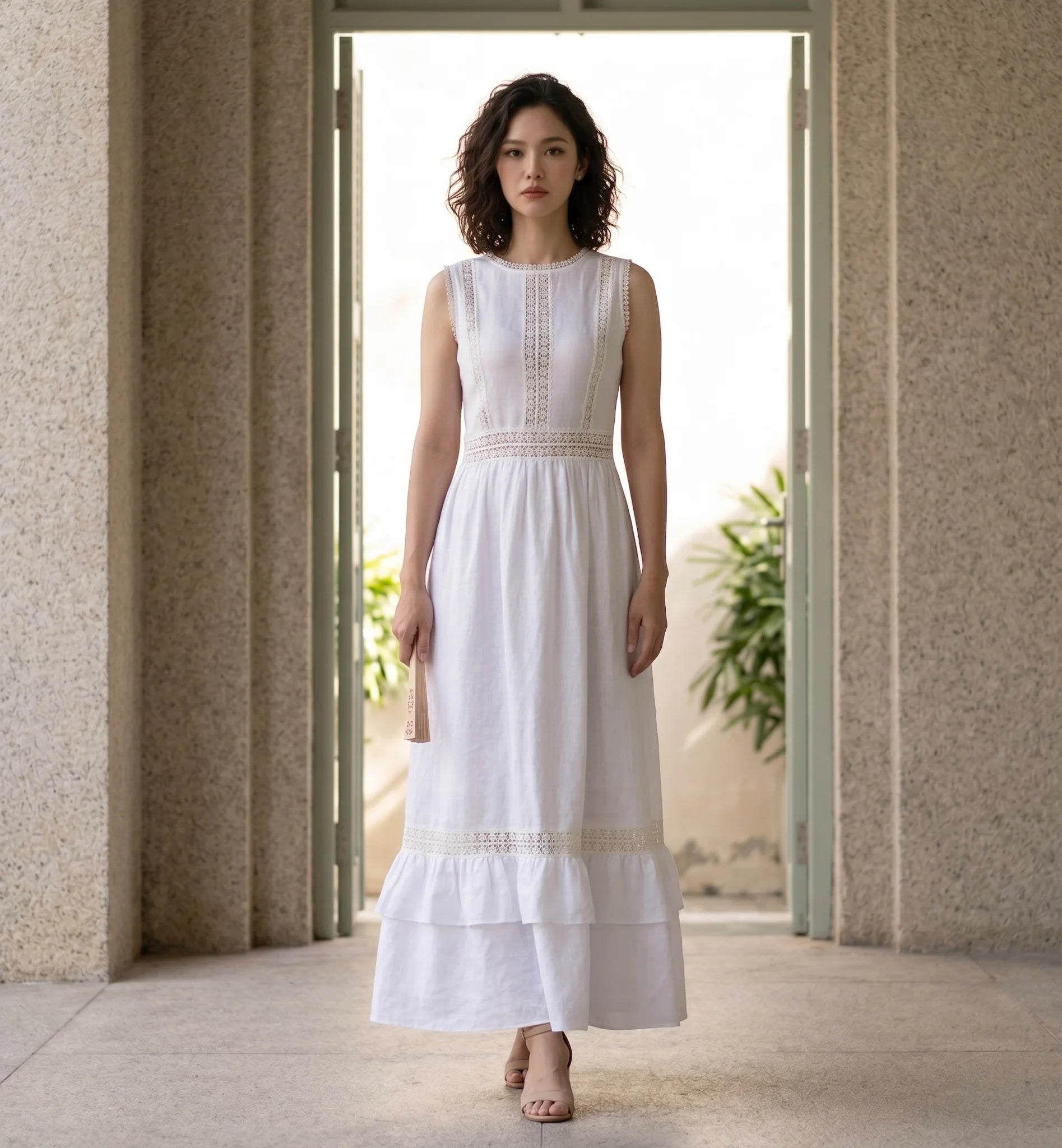 Đầm maxi linen lanh trắng phối ren thời trang Hity