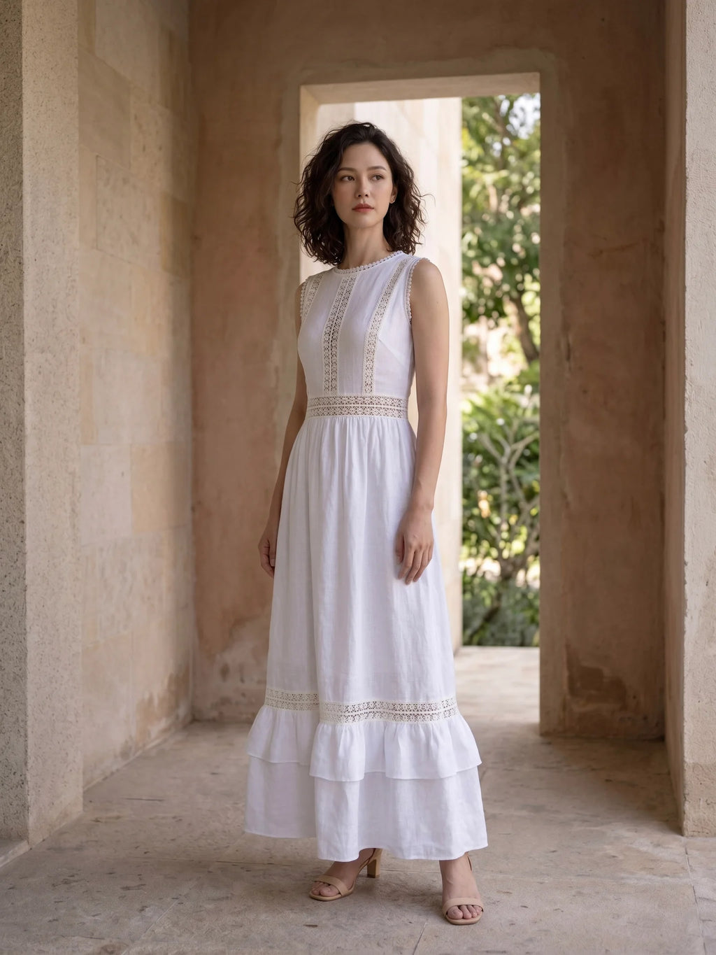 Đầm maxi linen lanh trắng phối ren thời trang Hity