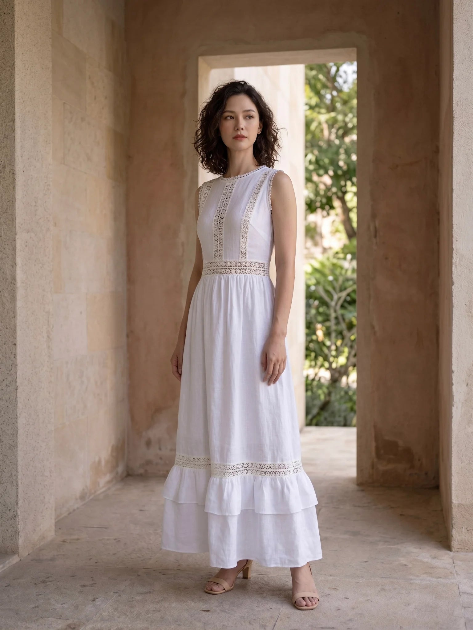 Đầm maxi linen lanh trắng phối ren thời trang Hity