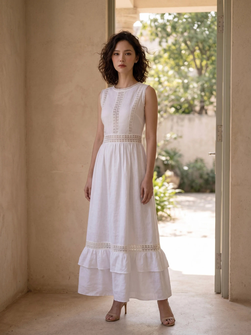 Đầm maxi linen lanh trắng phối ren thời trang Hity