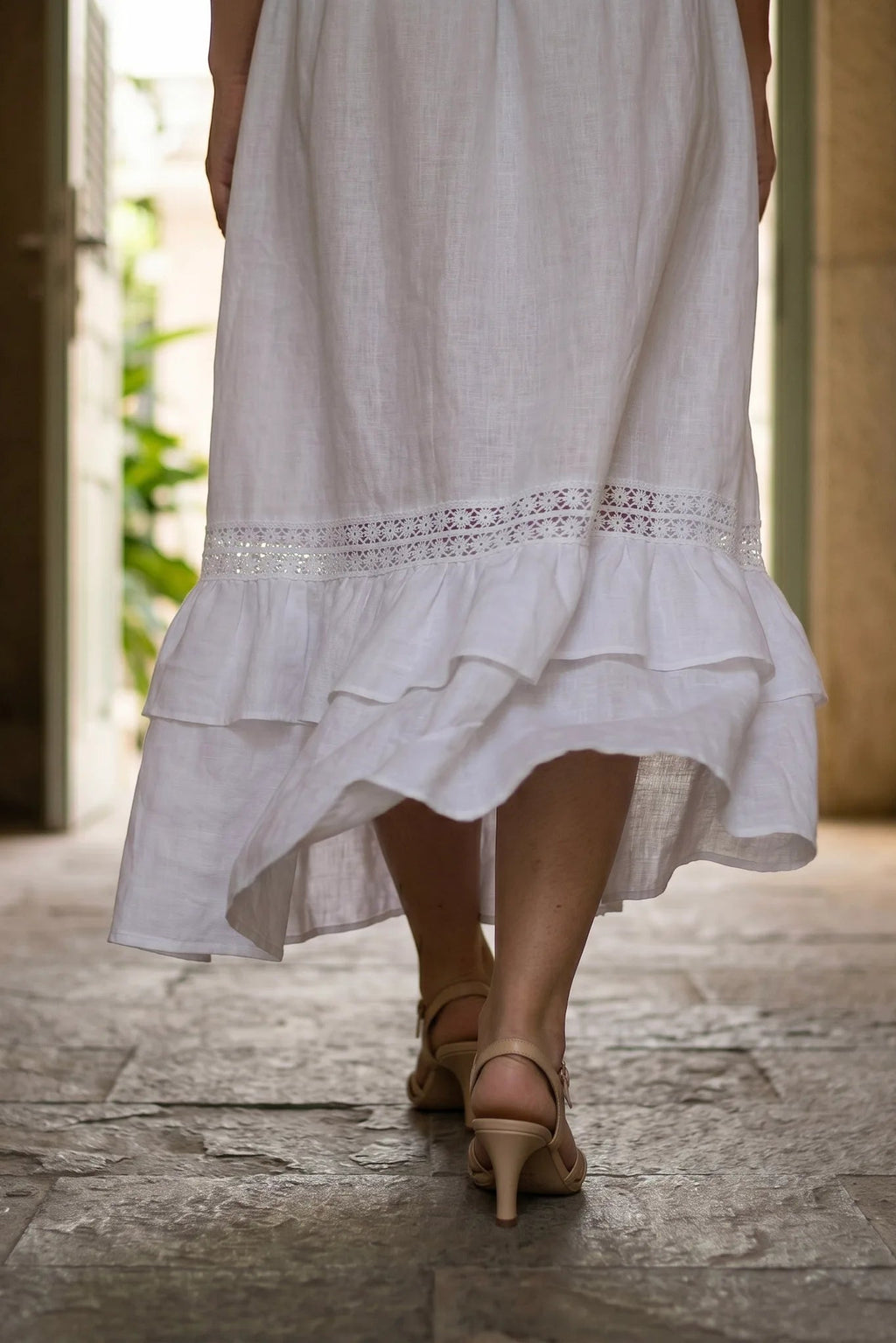 Đầm maxi linen lanh trắng phối ren thời trang Hity